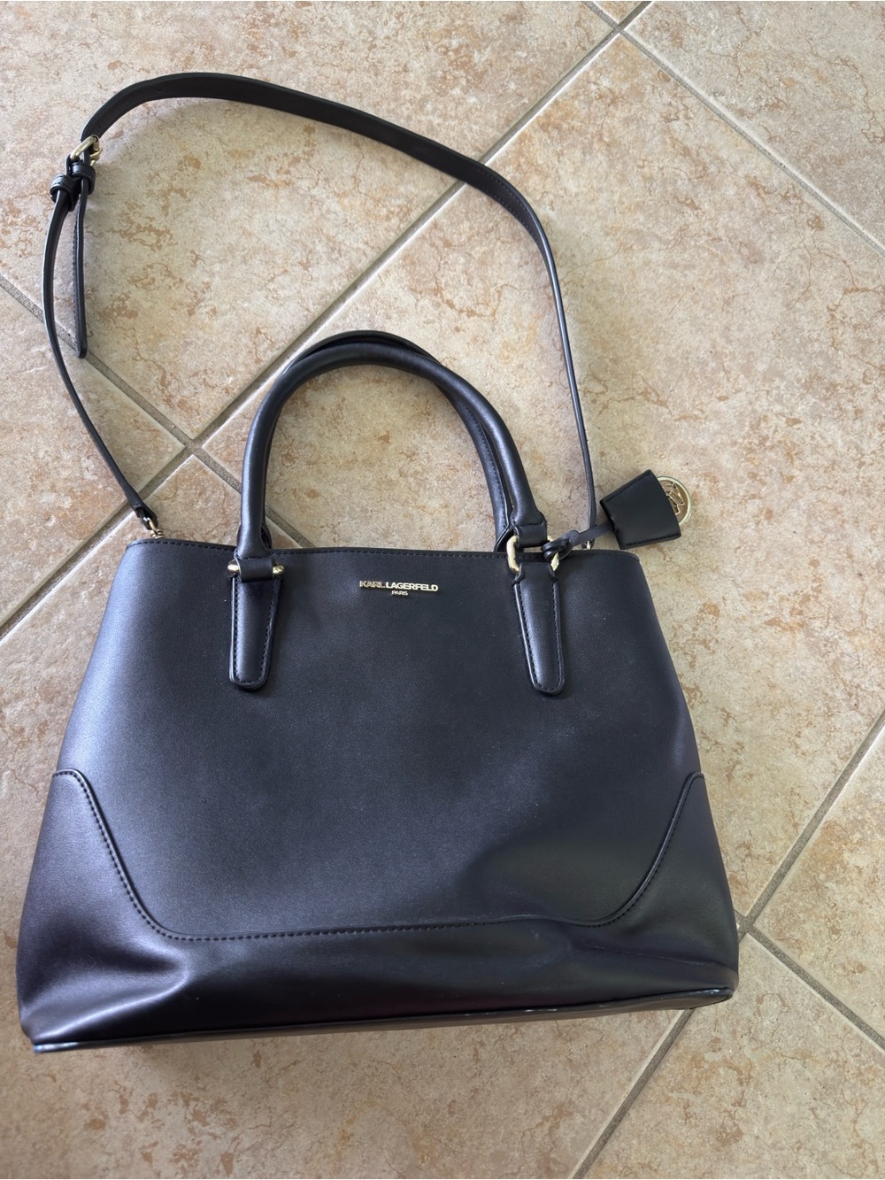 Karl Lagerfeld Black Leather Satchel with Detachable Shoulder Strap